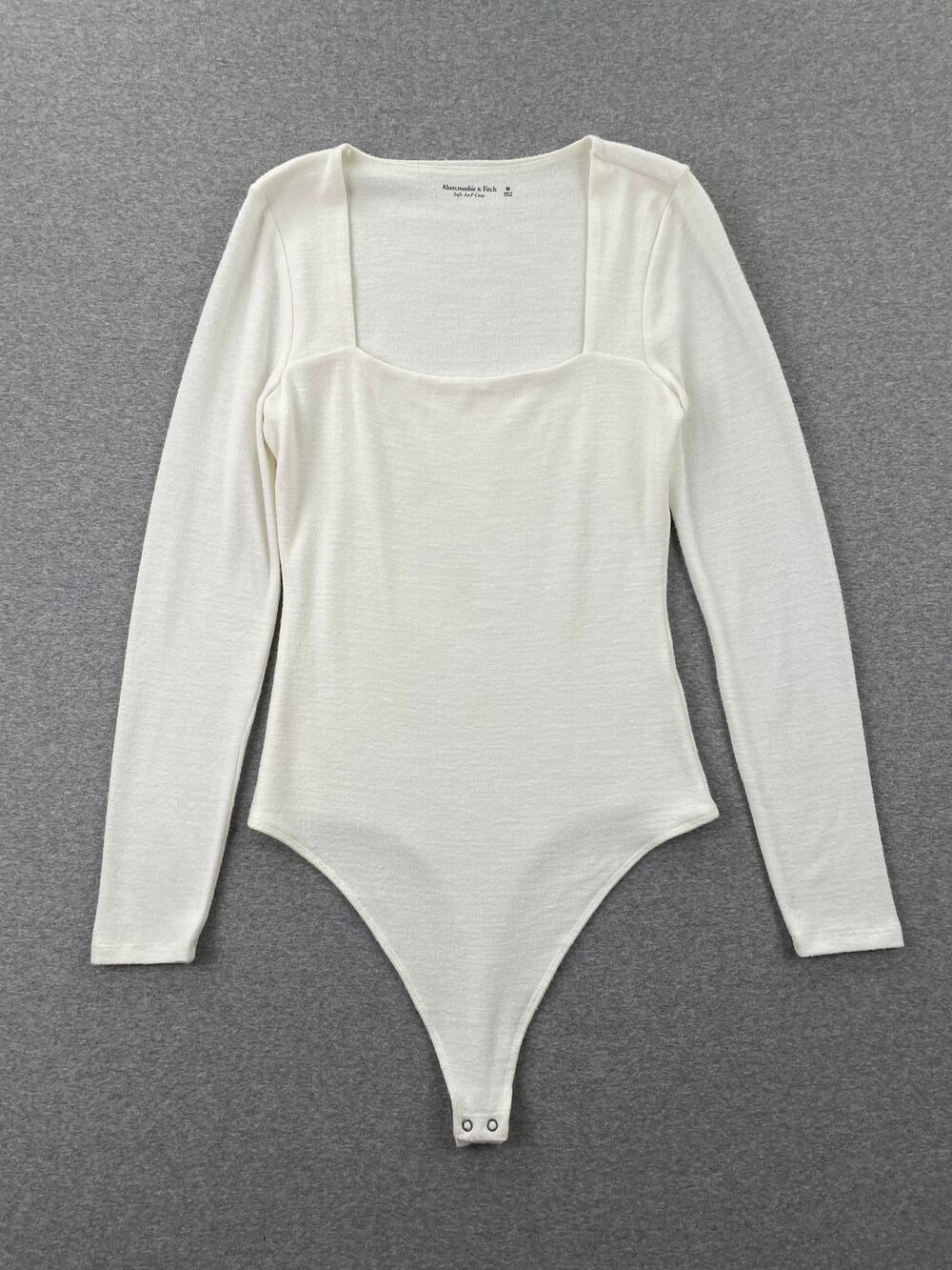 Abercrombie Long Sleeve Bodysuit Top Womens M White Soft Cozy Knit Square Neck